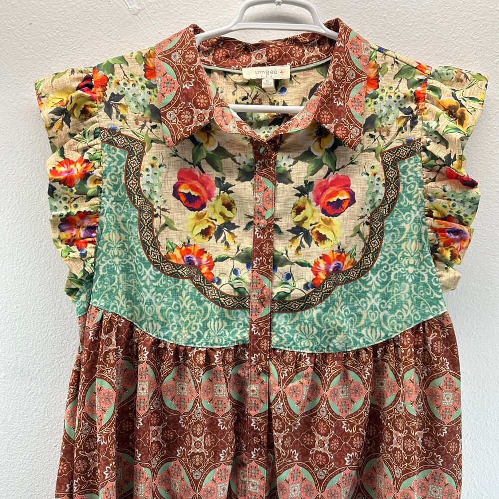Umgee Patchwork Floral Ruffle Sleeve Button Front… - image 3
